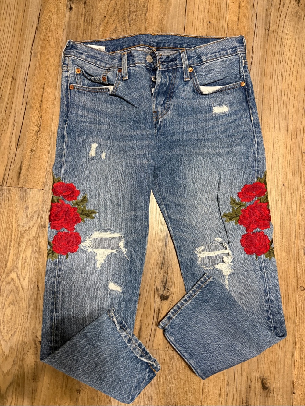 Vintage Levi's Distressed Jeans with Red Rose Embroidery